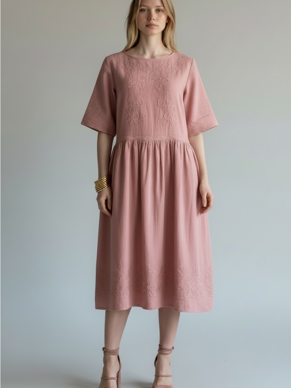 Nougat London Dusty Rose Embroidered Linen Midi Dress Size 14